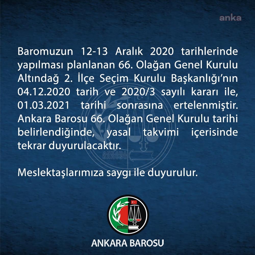 ANKARA BAROSU’NUN GENEL KURULU 1 MART’TA YAPILACAK