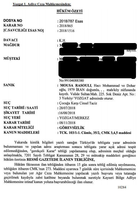 CİNSEL TACİZE UĞRAYAN ÇOCUĞUN İSMİ RESMİ GAZETE’DE YAYIMLANDI