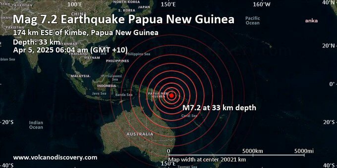 Papua Yeni Gine’de 7.2 büyüklüğünde deprem meydana geldi, tusunami uyarısı yapıldı