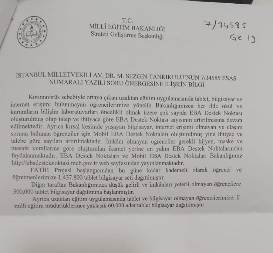 TÜRKİYE’DEKİ ÖĞRENCİ SAYISI 16,6 MİLYON; DAĞITILAN TABLET SAYISI 1,5 MİLYON