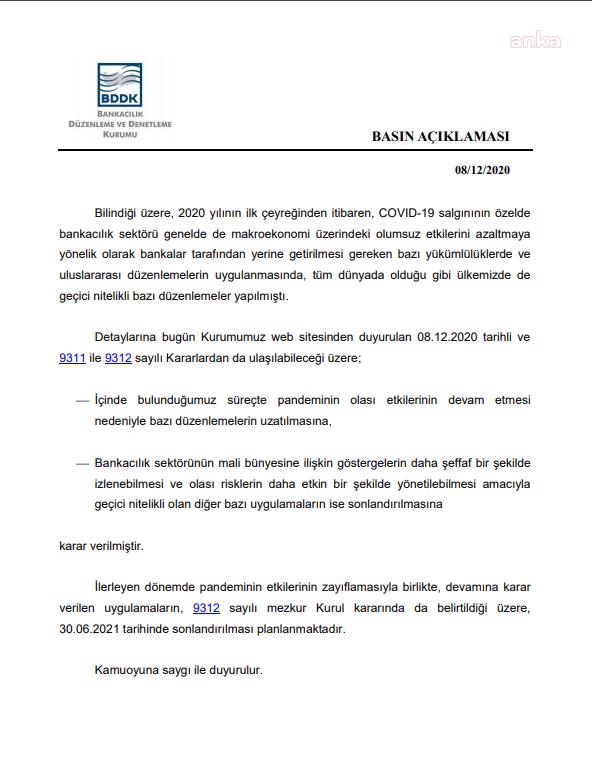 BDDK, PANDEMİ DESTEKLERİNDE SÜREYİ UZATTI
