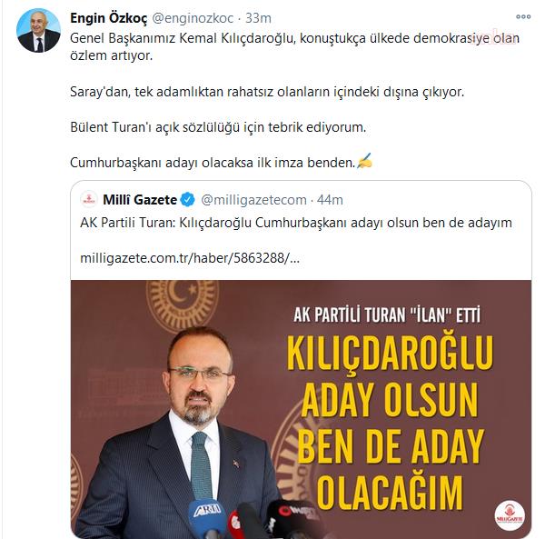 CHP'Lİ ÖZKOÇ: TURAN CUMHURBAŞKANI ADAYI OLACAKSA İLK İMZA BENDEN