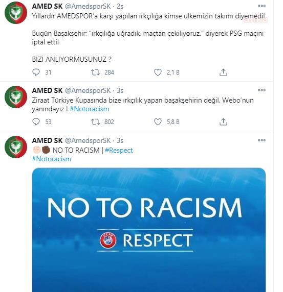 AMEDSPOR: "BİZE IRKÇILIK YAPAN BAŞAKŞEHİR'İN DEĞİL WEBO'NUN YANINDAYIZ