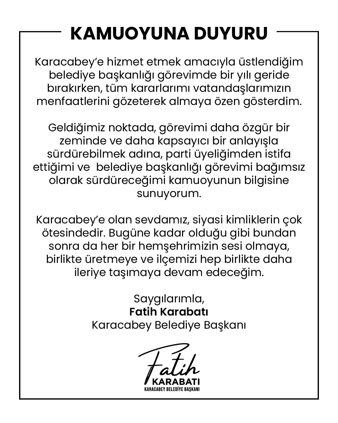 Karacabey Belediye Başkanı Fatih Karabatı İYİ Parti’den istifa etti