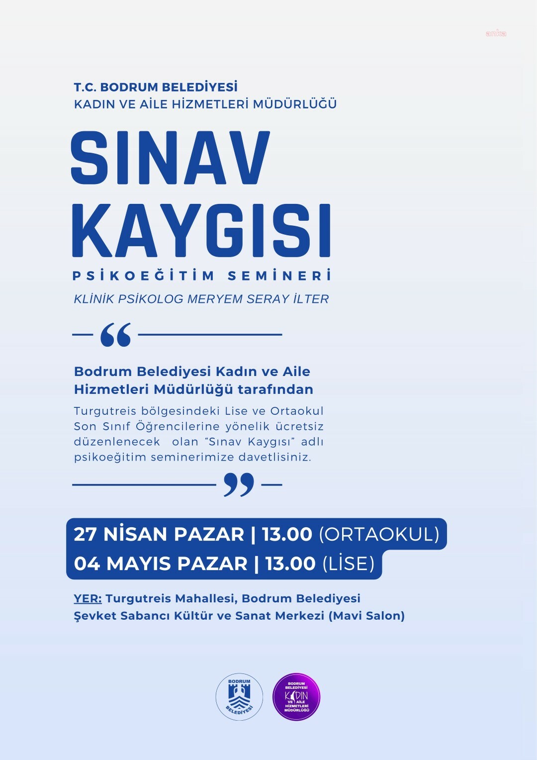 Bodrum Belediyesi'nden öğrencilere ‘Sınav Kaygısı’ konulu psikoeğitim semineri