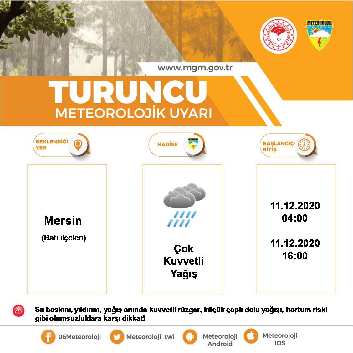 METEOROLOJİ'DEN MERSİN İÇİN "TURUNCU KOD"LU YAĞIŞ UYARISI
