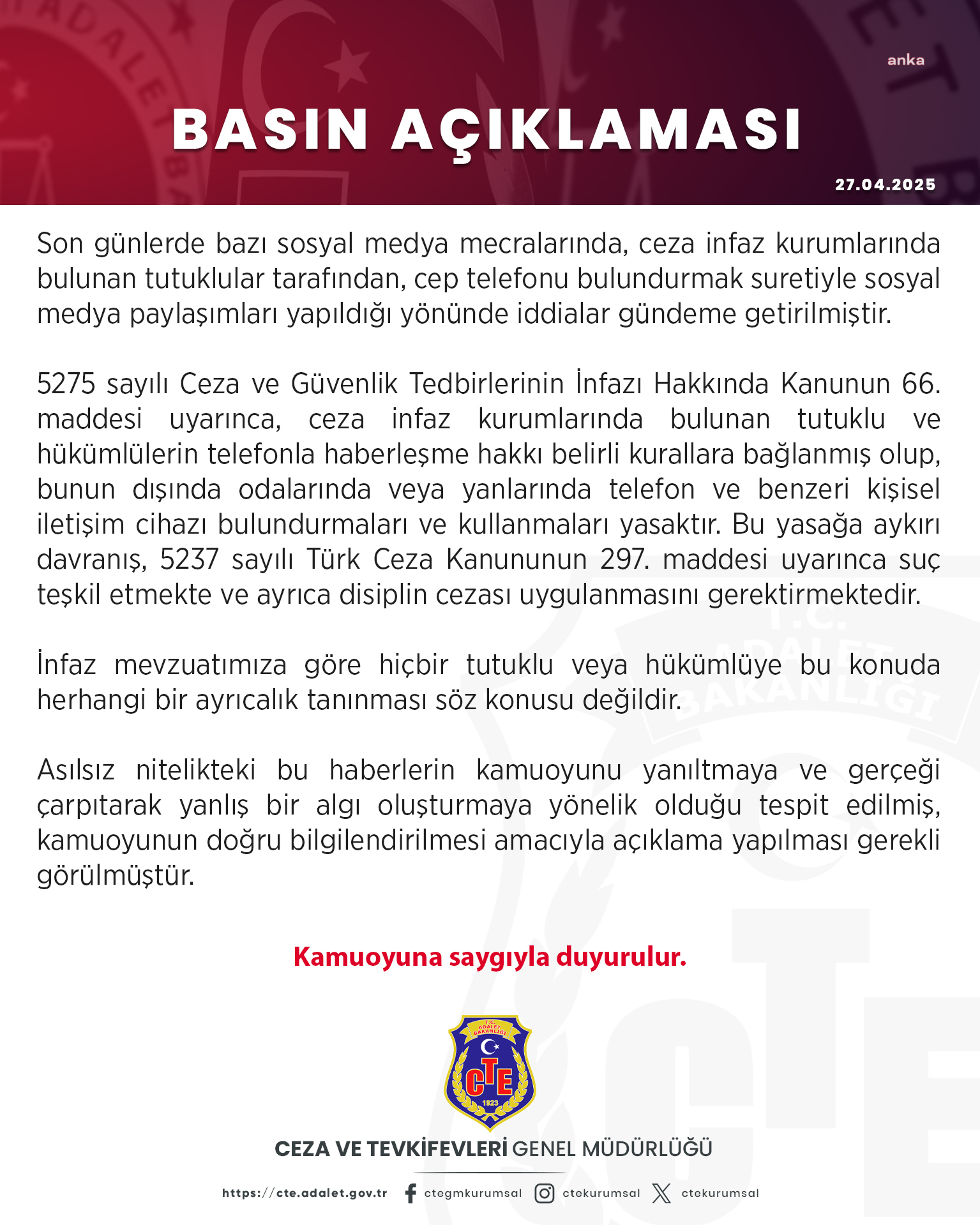 Ceza ve Tevkifevleri Genel Müdürlüğü: "Tutukluların cep telefonu bulundurduğu iddiası asılsızdır"