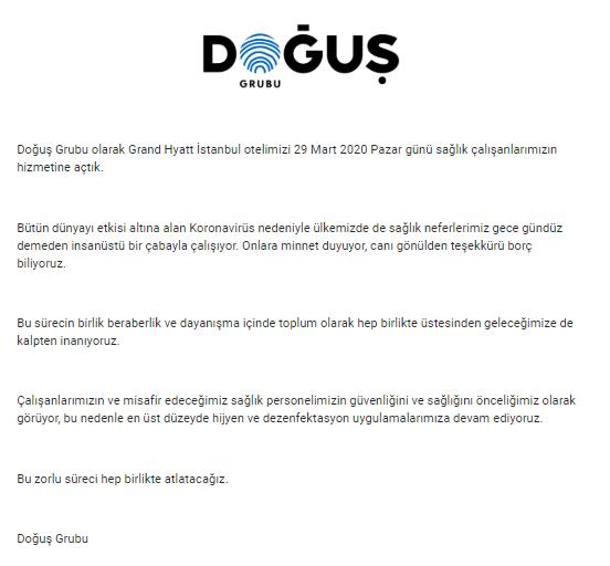 DOĞUŞ GRUBU OTELİNİ SAĞLIK ÇALIŞANLARI İÇİN AÇTI