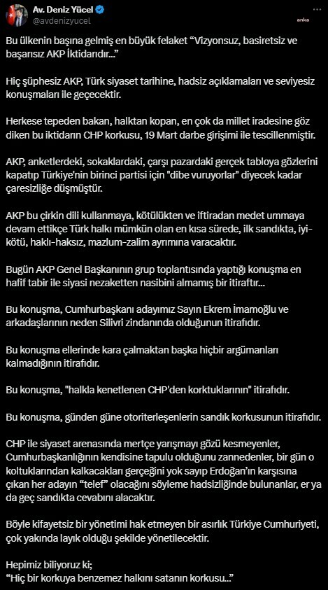 CHP'li Yücel'den "telef" tepkisi: Erdoğan’ın karşısına çıkan her adayın “telef” olacağını söyleme hadsizliğinde bulunanlar, er ya da geç sandıkta cevabını alacaktır