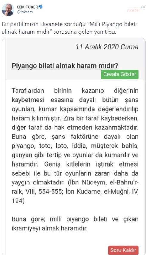 DİYANET: MİLLİ PİYANGO İKRAMİYESİ HARAMDIR