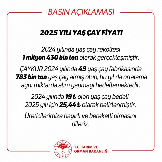 Tarım ve Orman Bakanlığı, 2025 yılı yaş çayın alım fiyatını  kilogramı başına 25,44 lira olarak belirledi