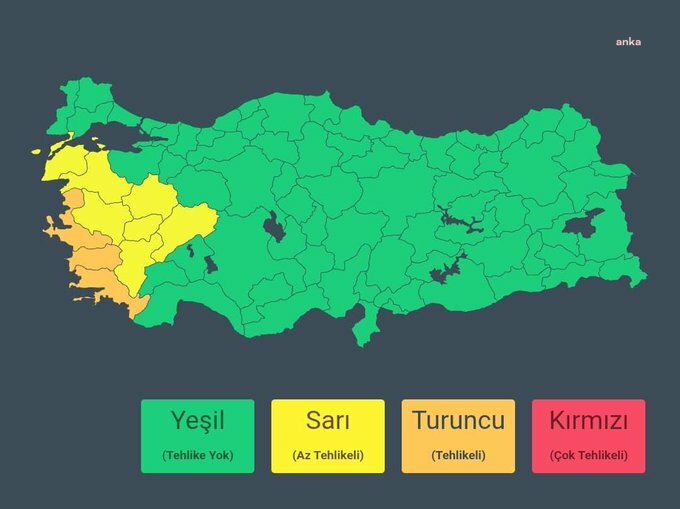 İçişleri Bakanlığı: Meteoroloji 3 il için ''turuncu'', 7 il için ''sarı'' kodlu uyarı verdi