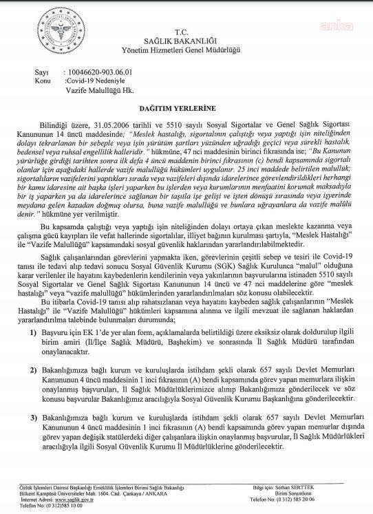 SAĞLIK ÇALIŞANLARI "MESLEK HASTALIĞI" TALEBİNE "GENELGE" İLE KAVUŞTU!