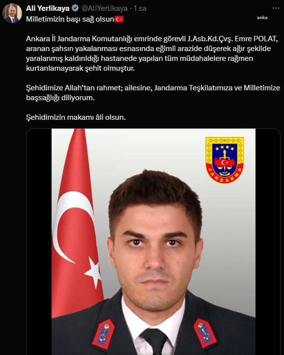Ali Yerlikaya: Jandarma Astsubay Kıdemli Çavuş Emre Polat şehit oldu