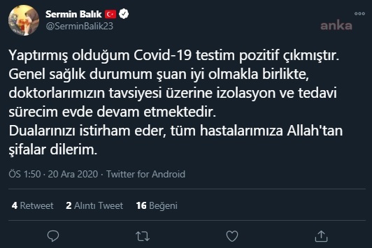 AKP ELAZIĞ MİLLETVEKİLİ SERMİN BALIK KORONAVİRÜS TESTİNİN POZİTİF ÇIKTIĞINI AÇIKLADI
