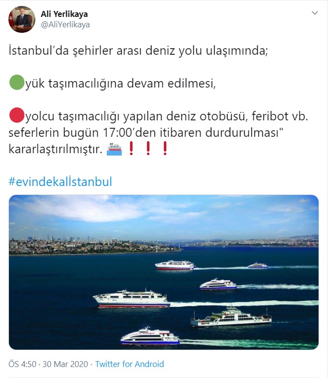 İSTANBUL’DA ŞEHİRLERARASI DENİZ ULAŞIMI DA DURDURULDU