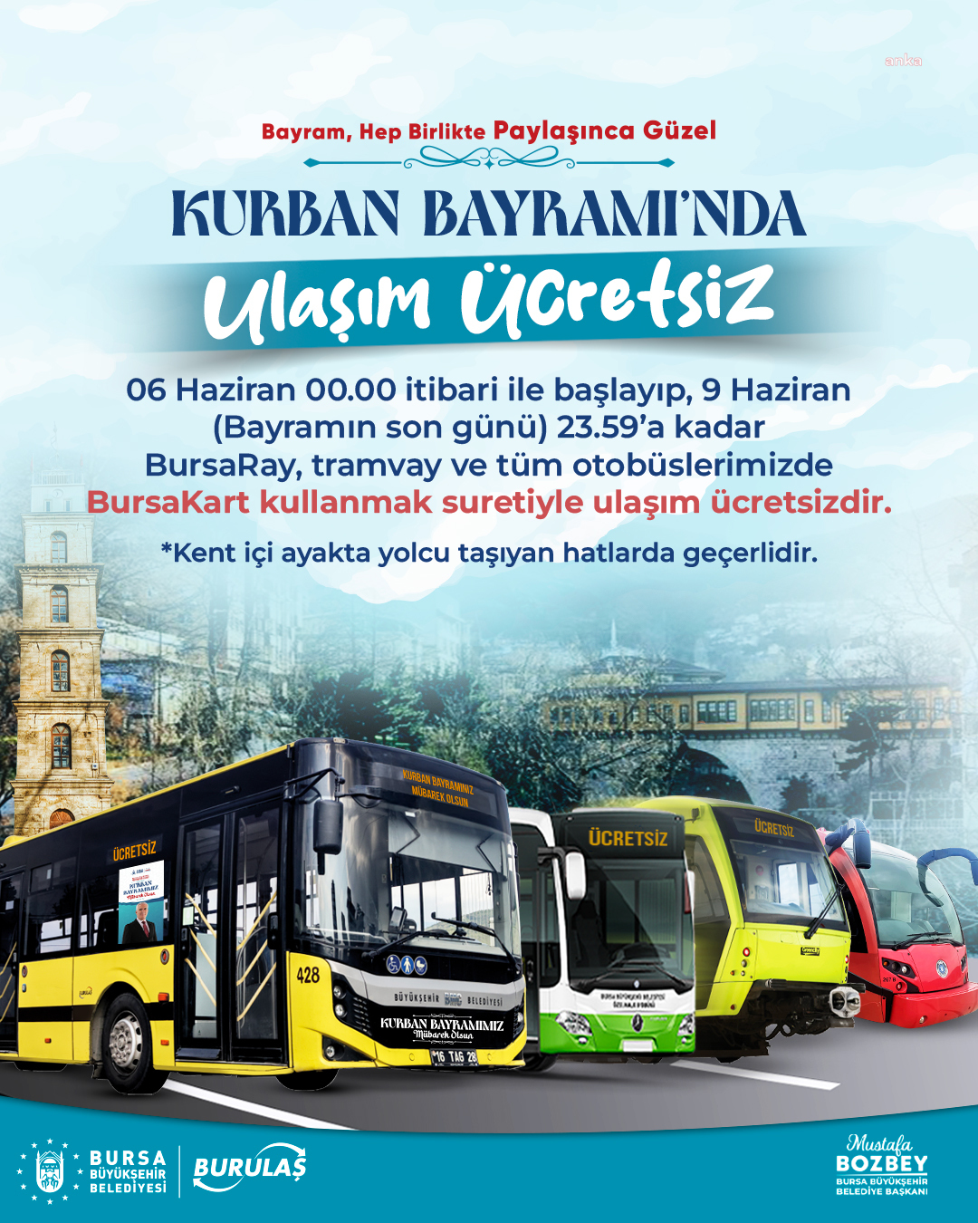 Bursa’da Kurban Bayramı boyunca ulaşım ücretsiz olacak