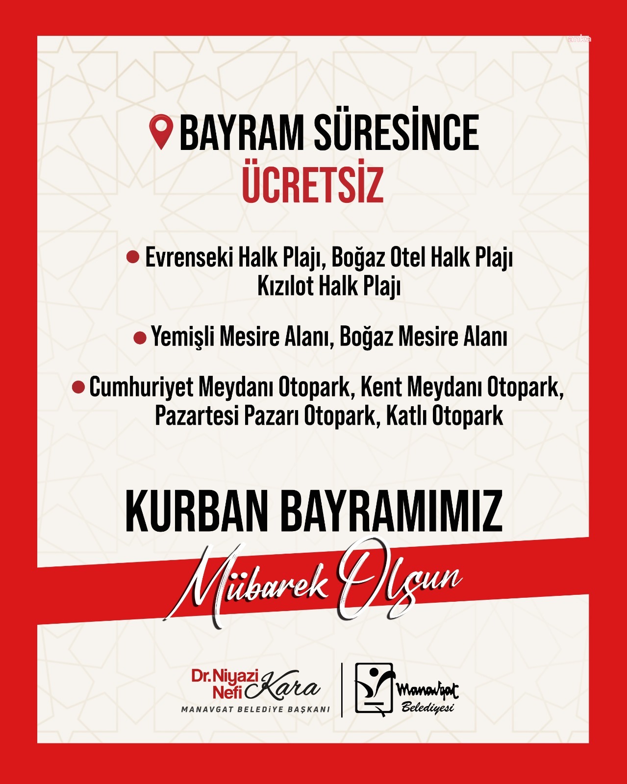 Manavgat’ta belediyeye ait plajlar, otoparklar ve mesire alanları bayram boyunca ücretsiz