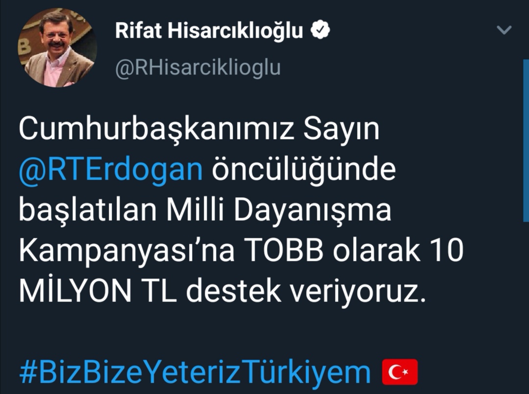 HİSARCIKLIOĞLU: TOBB OLARAK 10 MİLYON TL DESTEK VERİYORUZ