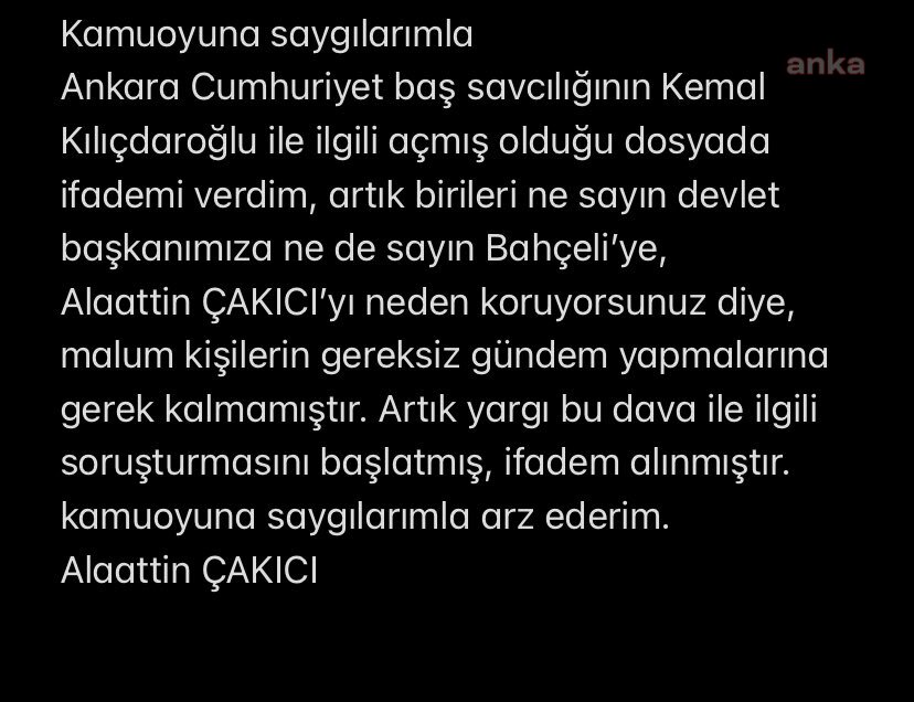 ÇAKICI, KILIÇDAROĞLU’NA YÖNELİK TEHDİTİ İLE İLGİLİ SAVCILIĞA İFADE VERDİ