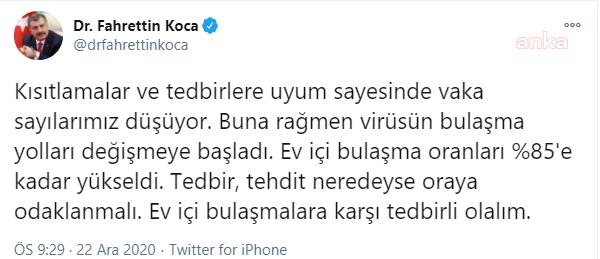 BAKAN KOCA: VİRÜSÜN EV İÇİ BULAŞMA ORANI YÜZDE 85'E YÜKSELDİ