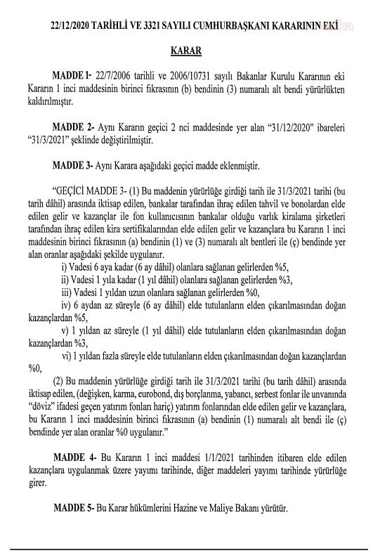 TAHVİL VE BONOLARIN STOPAJ ORANLARINA DÜZENLEME