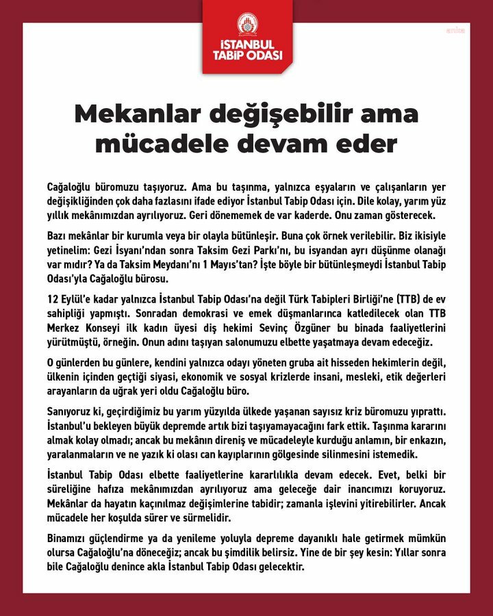 İstanbul Tabip Odası Merkez Bürosu Cağaloğlu'ndan taşınıyor