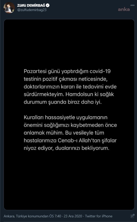 AKP'Lİ ZÜLFÜ DEMİRBAĞ KORONAVİRÜS TESTİNİN POZİTİF ÇIKTIĞINI AÇIKLADI