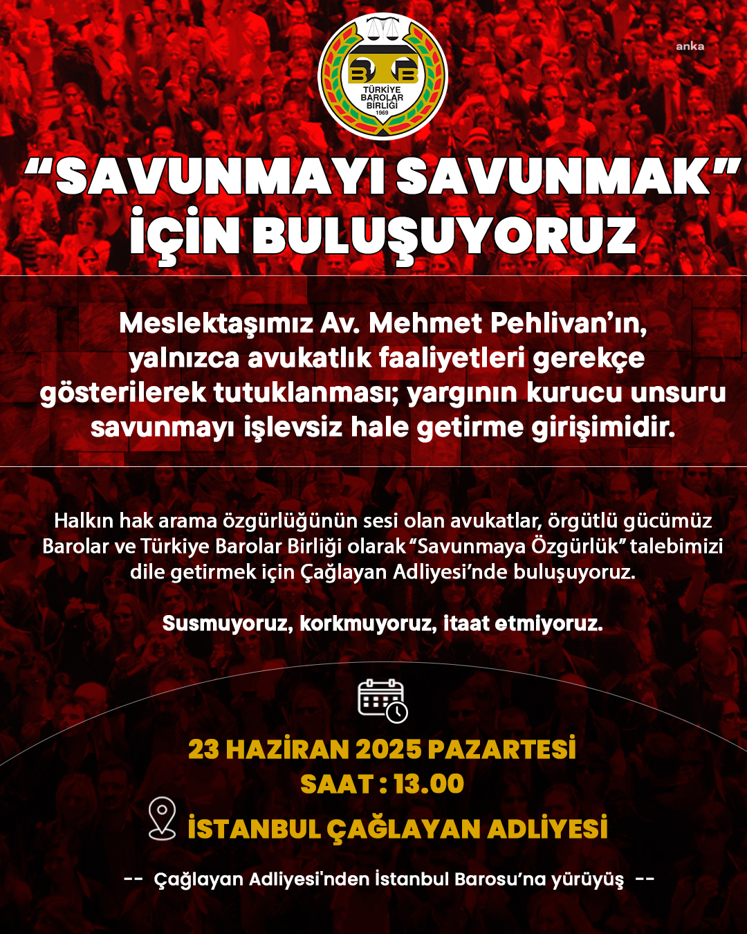 Türkiye Barolar Birliği tutuklanan avukat  Mehmet Pehlivan için yürüyecek