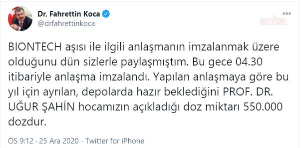 BAKAN KOCA: BİONTECH AŞISI İÇİN ANLAŞMA İMZALANDI