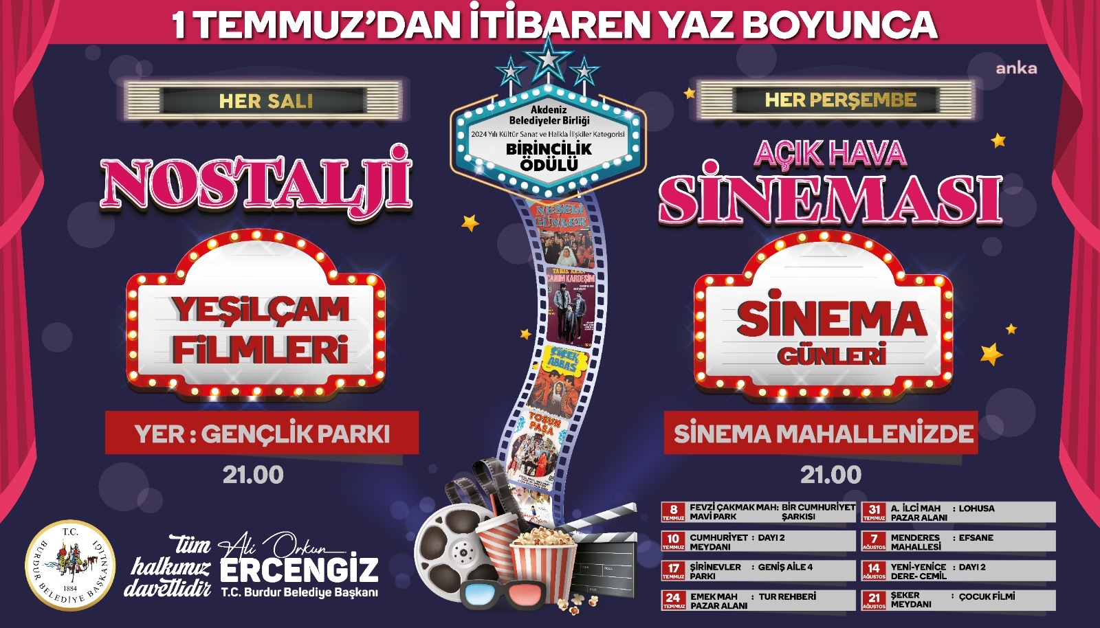 Burdur Belediyesi’nin “Açık Hava Sinema Günleri” için geri sayım başladı