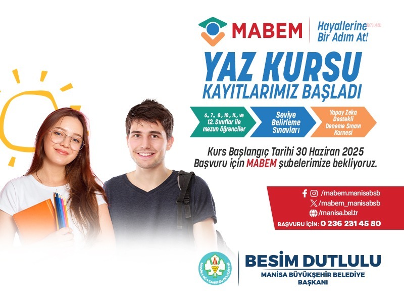 Manisa Büyükşehir Belediyesi Eğitim Merkezi ve Online Dershane Yaz Kursları'na başvurular devam ediyor