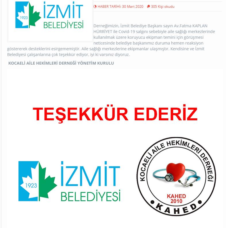 AİLE HEKİMLERİNDEN İZMİT BELEDİYESİNE TEŞEKKÜR