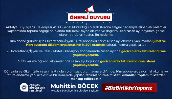 ANTALYA BÜYÜKŞEHİR, NİSAN AYINDA SU SAYAÇLARINI OKUMAYACAK