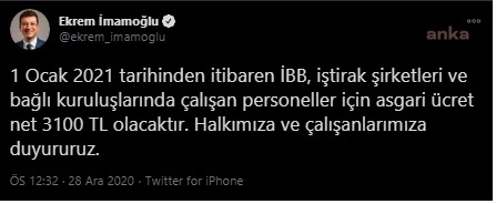 İMAMOĞLU: İBB’DE ASGARİ ÜCRET NET 3100 TL OLACAKTIR