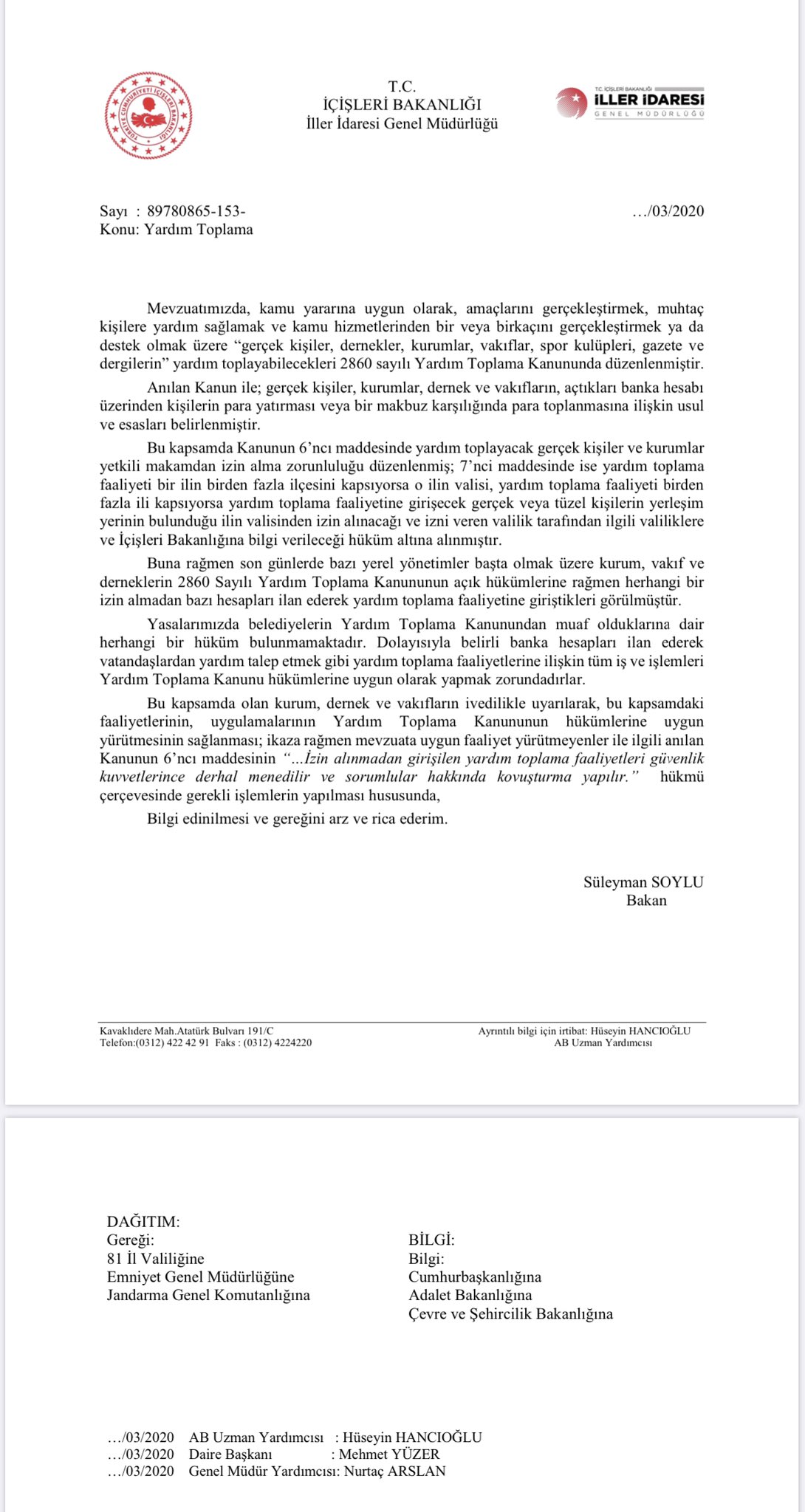 SOYLU: BELEDİYELER VALİLİKTEN İZİN ALMADAN YARDIM TOPLAYAMAZ