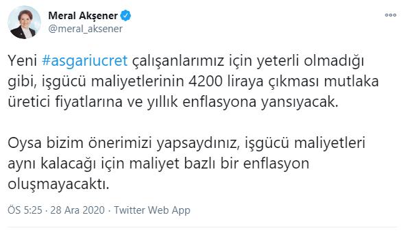 AKŞENER: "ASGARİ ÜCRET ÇALIŞANLARIMIZ İÇİN YETERLİ OLMADIĞI GİBİ, ENFLASYONA DA YANSIYACAK"