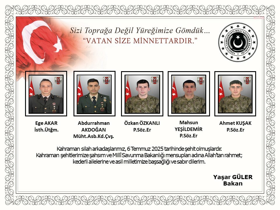 Milli Savunma Bakanı Güler, Pençe Kilit Harekat bölgesinde şehit olan askerler için taziye mesajı yayımladı
