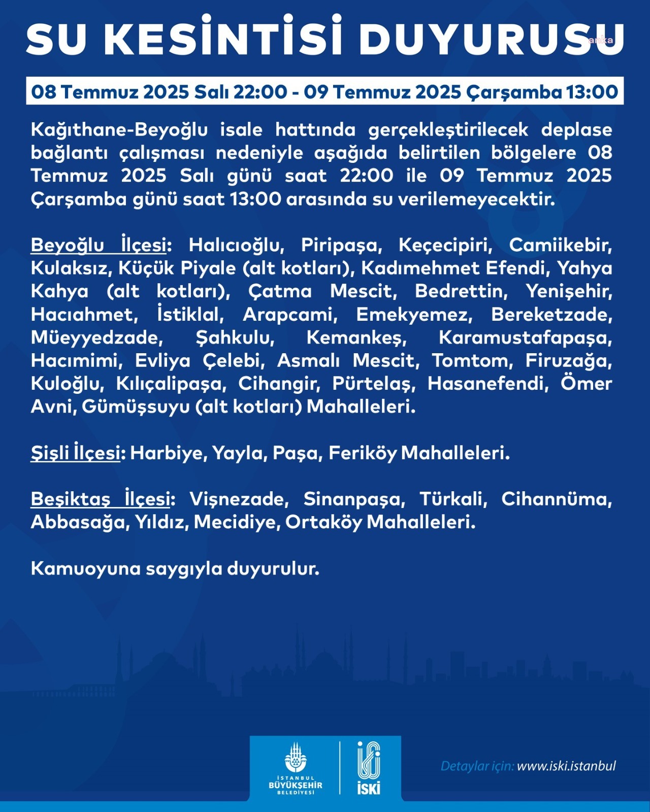 İSKİ’den 3 ilçede su kesintisi uyarısı