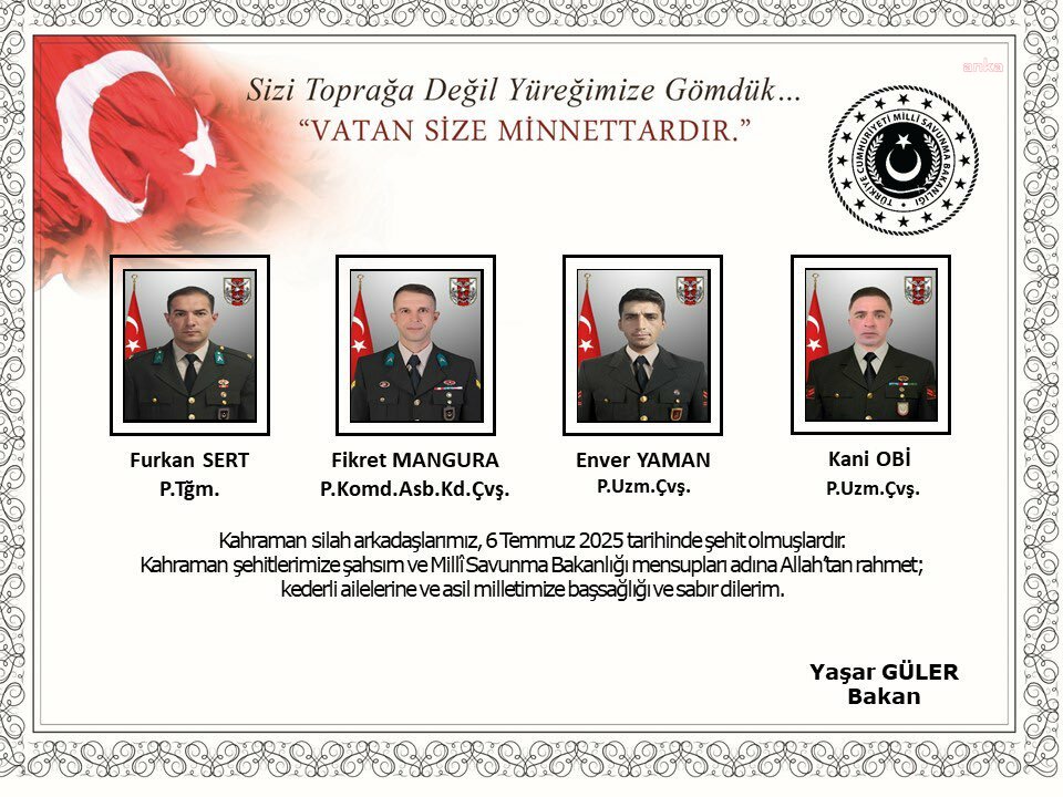 MSB, metan gazından etkilenerek şehit olan 4 askerin daha kimliğini açıkladı