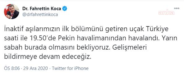 KORONAVİRÜS AŞISININ YARIN SABAH TÜRKİYE'DE OLMASI BEKLENİYOR