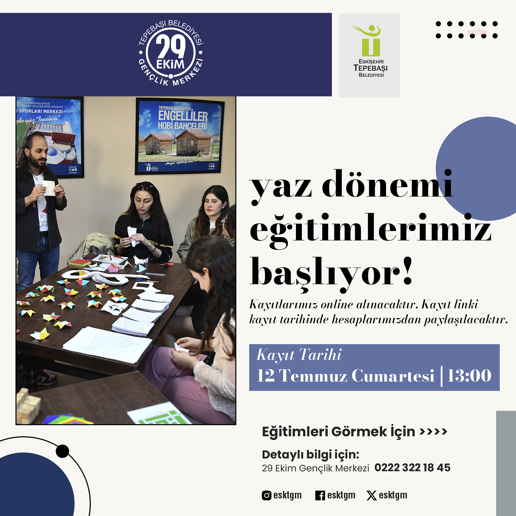 Tepebaşı Belediyesi 29 Ekim Gençlik Merkezi’nde yaz dönemi eğitimleri başlıyor