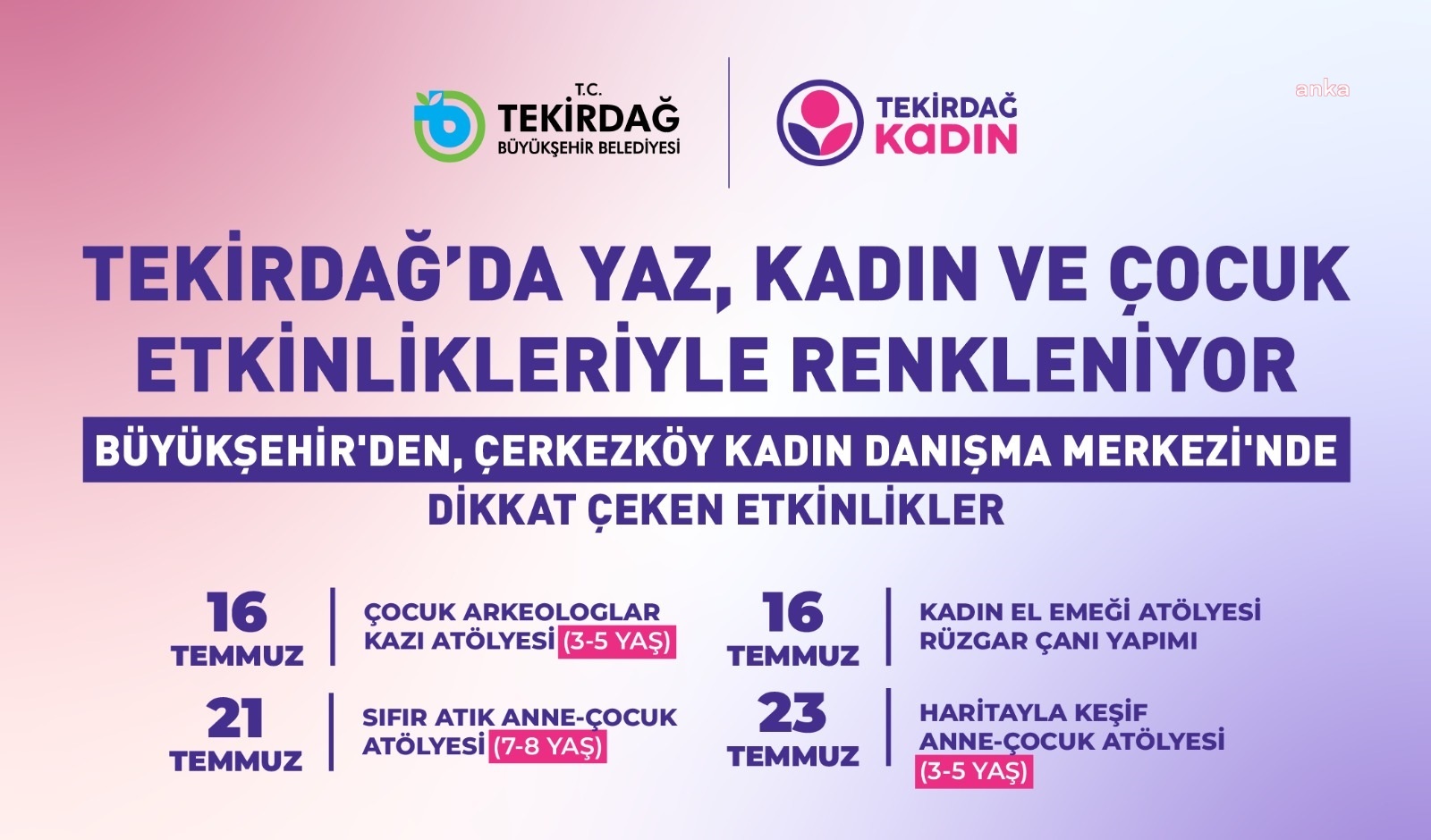 Tekirdağ Büyükşehir Belediyesi’nden kadınlar ve çocuklara yaz atölyeleri