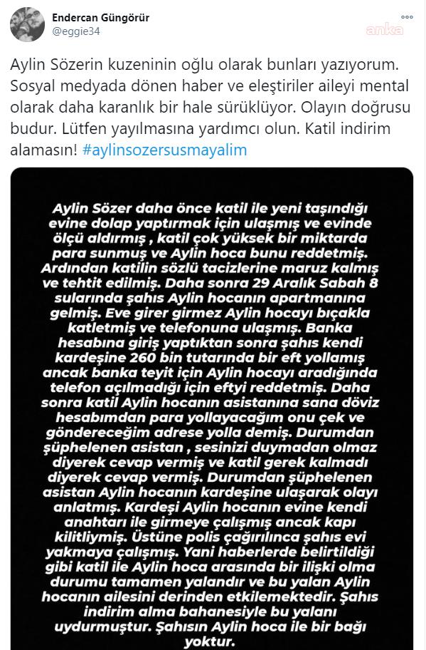 KUZENİNİN OĞLU AÇIKLADI:  “AYLİN HOCANIN KATİL ZANLISI İLE BİR BAĞI YOKTUR, KATİL İNDİRİM İÇİN YAPIYOR”