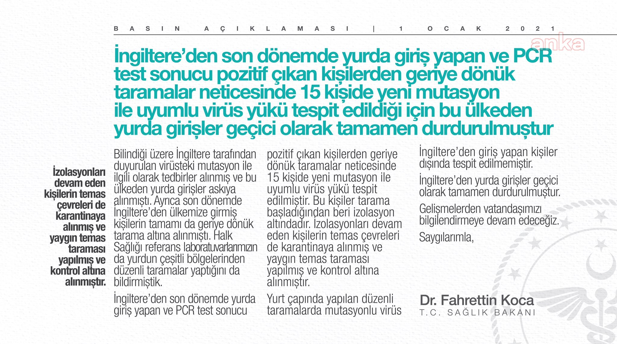 BAKAN KOCA AÇIKLADI: "TÜRKİYE'DE MUTASYONLU VİRÜS TESPİT EDİLDİ"