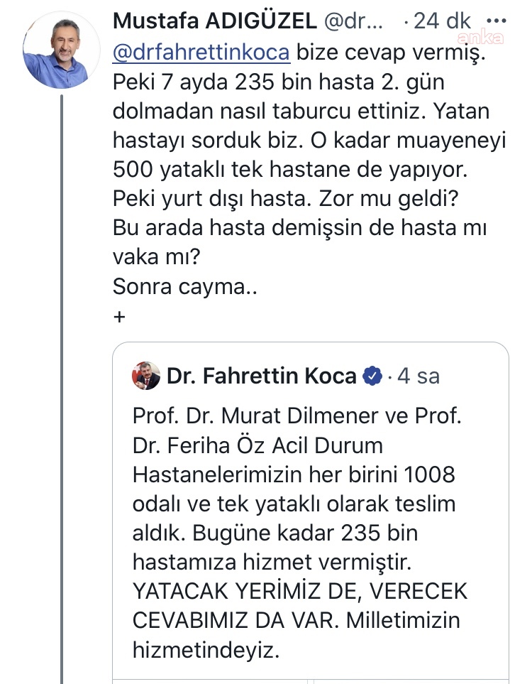 CHP’Lİ ADIGÜZEL İLE BAKAN KOCA ARASINDA HASTANEDEKİ YATAK TARTIŞMASI