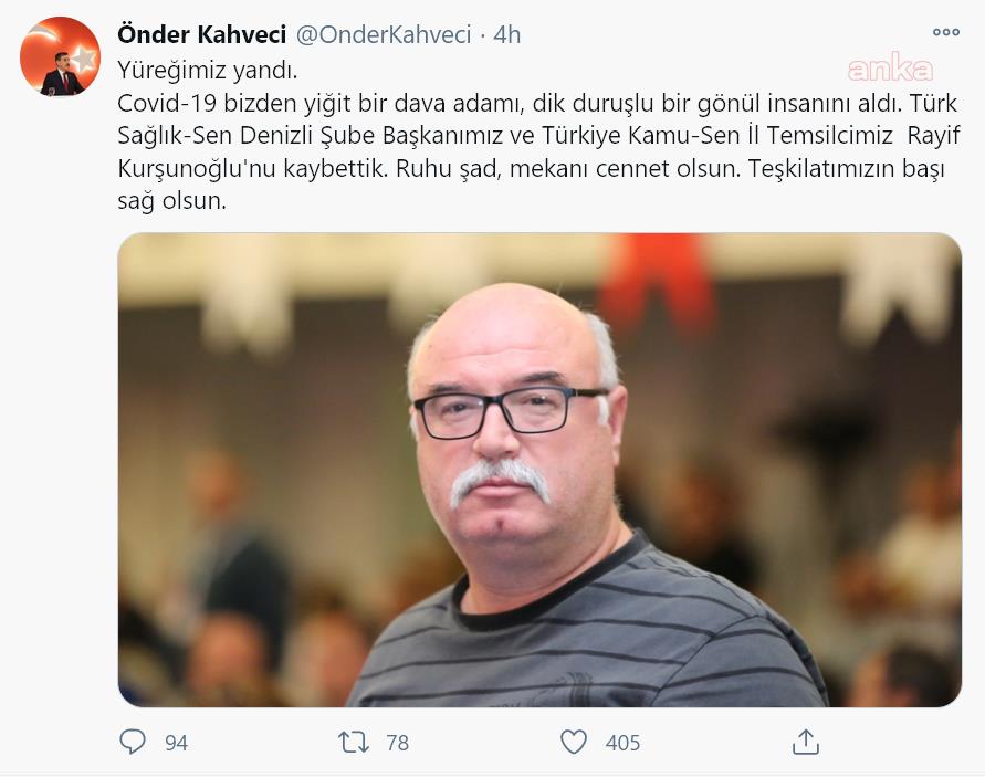 TÜRK SAĞLIK-SEN ŞUBE BAŞKANI COVID-19 NEDENİYLE YAŞAMINI YİTİRDİ