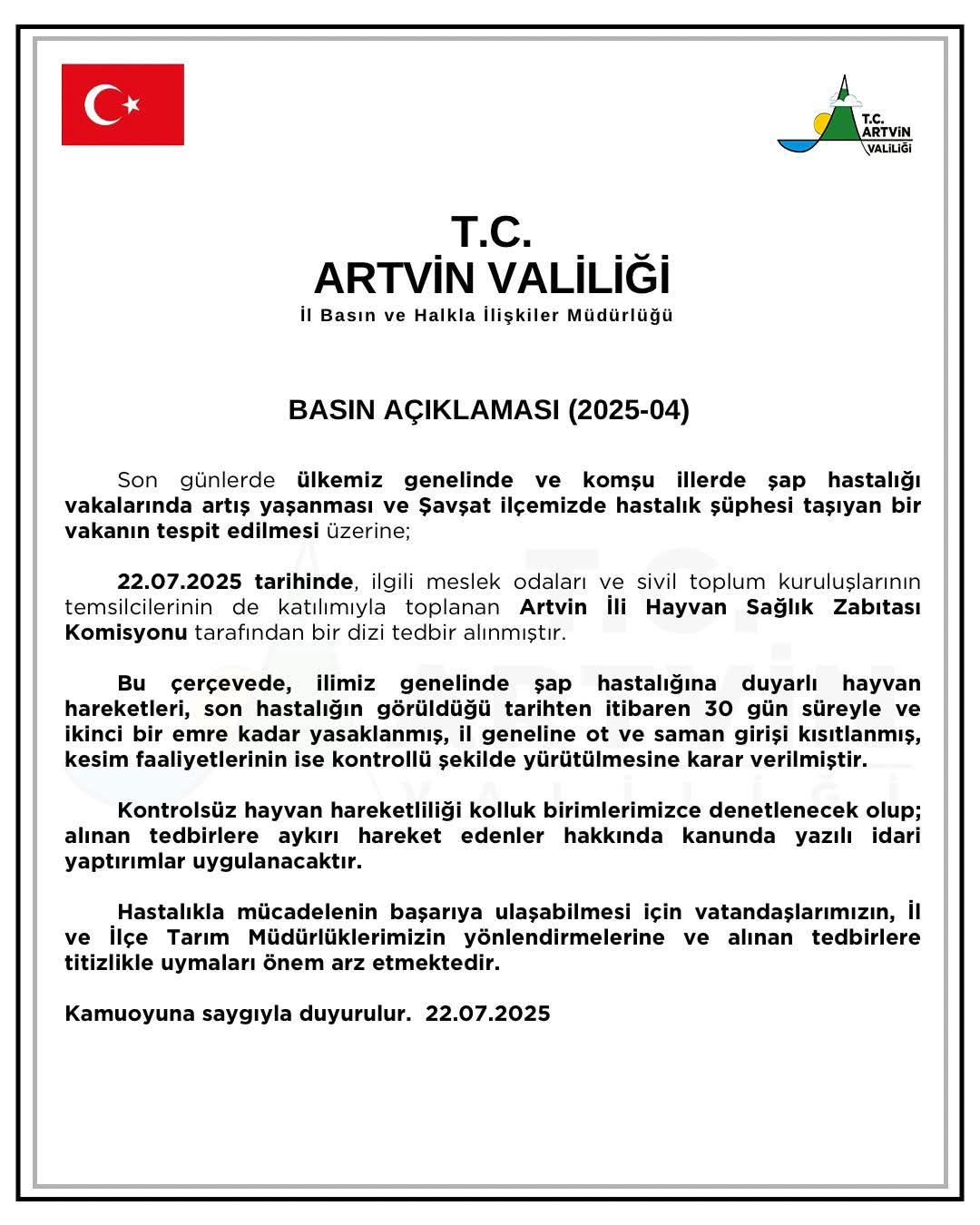Artvin’de şap hastalığına karşı tedbirler alındı: Hayvan hareketleri 30 gün yasaklandı