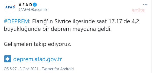 ELAZIĞ'DA 4.2 BÜYÜKLÜĞÜNDE DEPREM