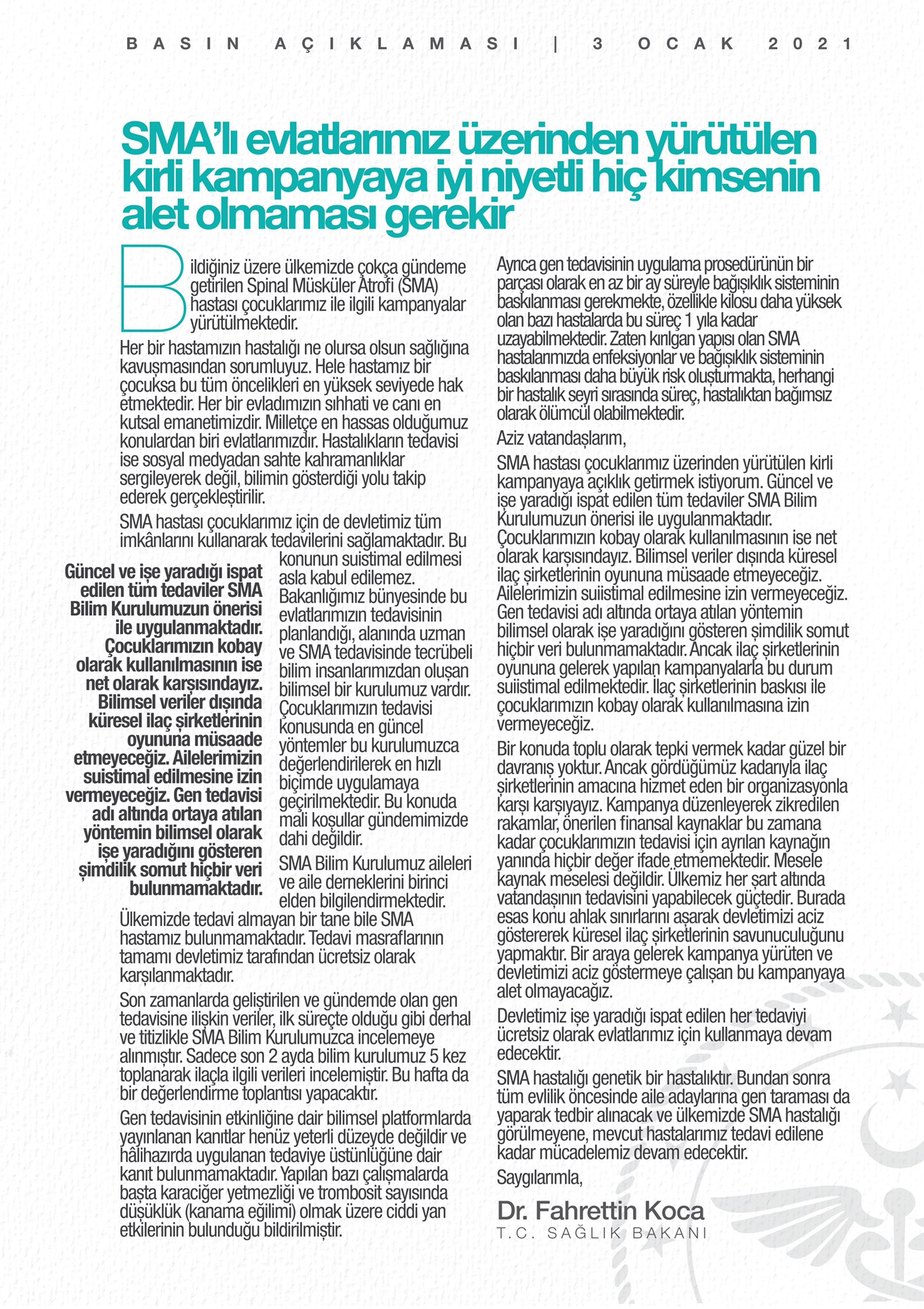 SAĞLIK BAKANI KOCA’DAN SMA KAMPANYASINA TEPKİ: ÇOCUKLARIMIZIR KOBAY OLARAK KULLANILMASININ KARŞISINDAYIZ
